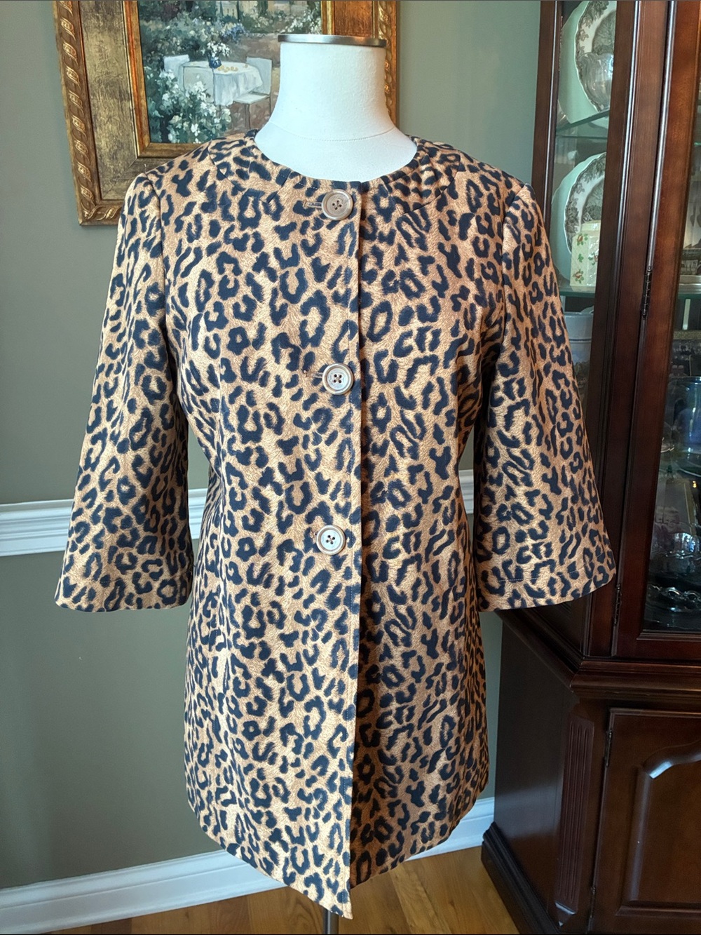 CAbi Ellavie Leopard Print Swing Coat - Camel/Black Size 10